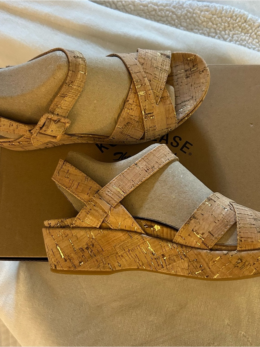 Kork-Ease Cork Wedge Sandals in Natural Tan with Gold Flecks